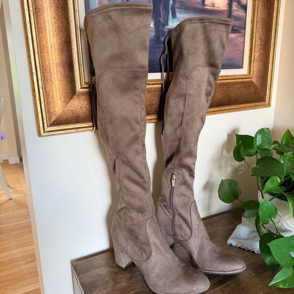 Marc Fisher LTD Alina OTK Boots Womens 10 Taupe Block Heel Cottagecore Soft Girl